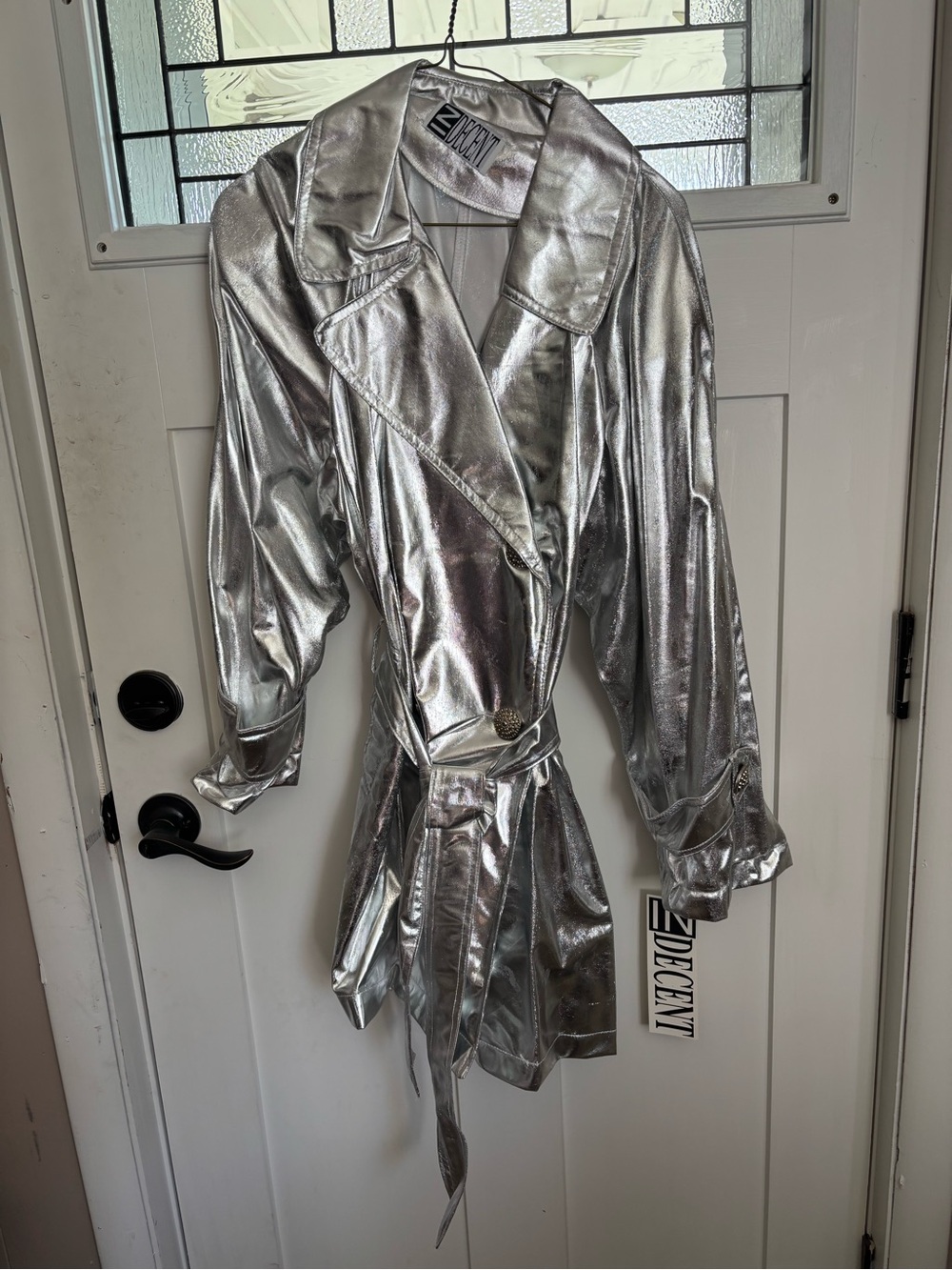 Metallic Silver Trench Coat with Tie Waist